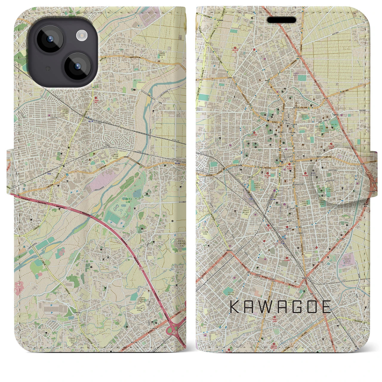 【川越(埼玉県)】地図柄iPhoneケース(手帳タイプ)ナチュラル・iPhone 14 Plus 用
