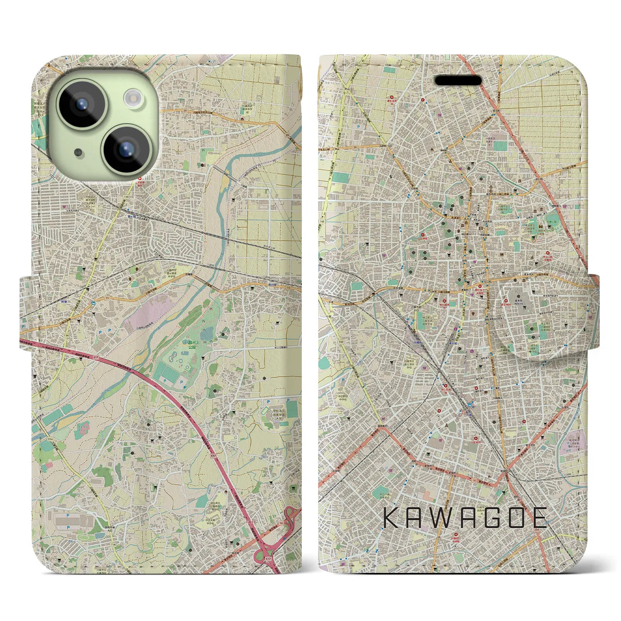 【川越(埼玉県)】地図柄iPhoneケース(手帳タイプ)ナチュラル・iPhone 15 用
