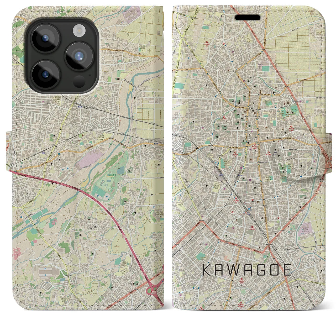 【川越(埼玉県)】地図柄iPhoneケース(手帳タイプ)ナチュラル・iPhone 15 Pro Max 用