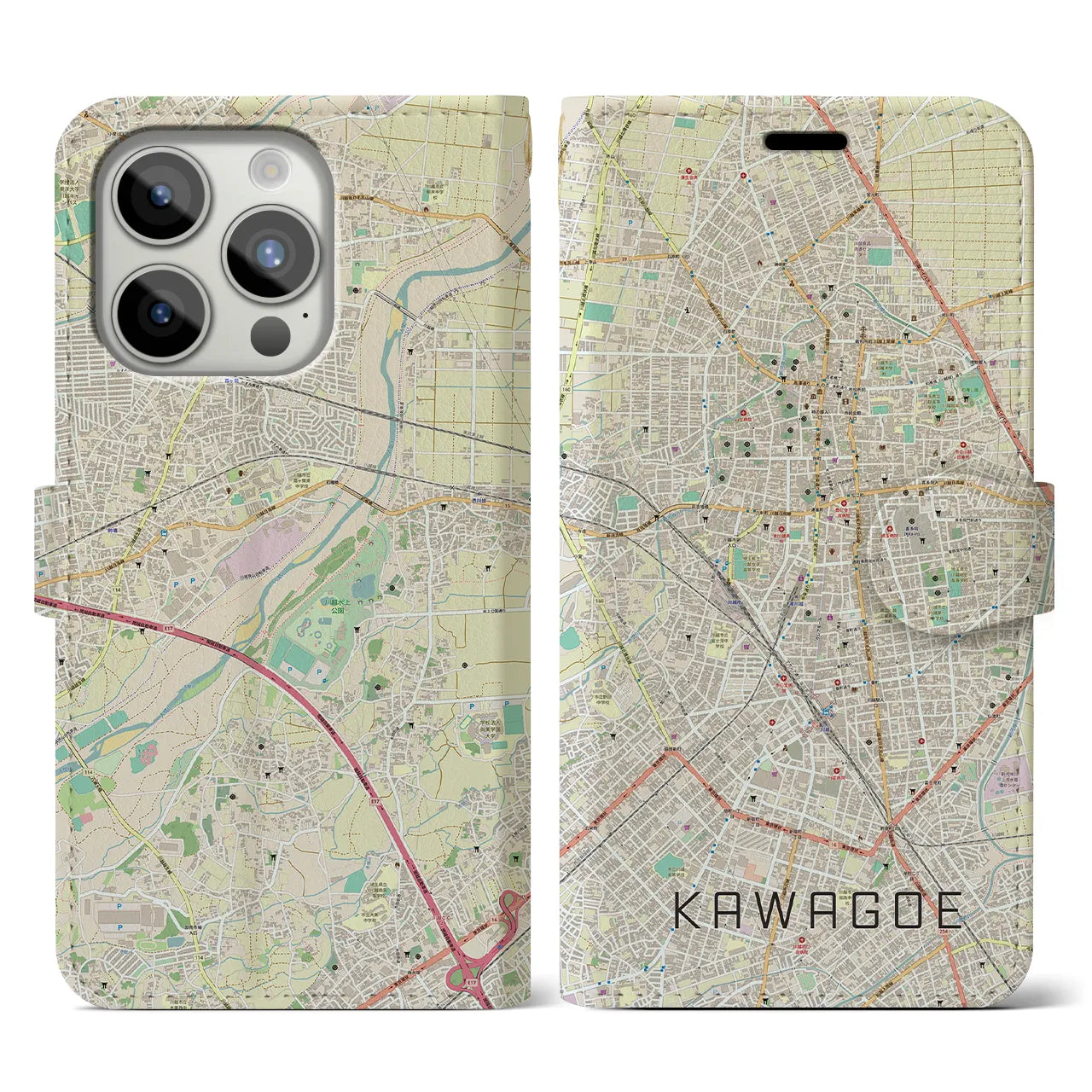 【川越(埼玉県)】地図柄iPhoneケース(手帳タイプ)ナチュラル・iPhone 15 Pro 用