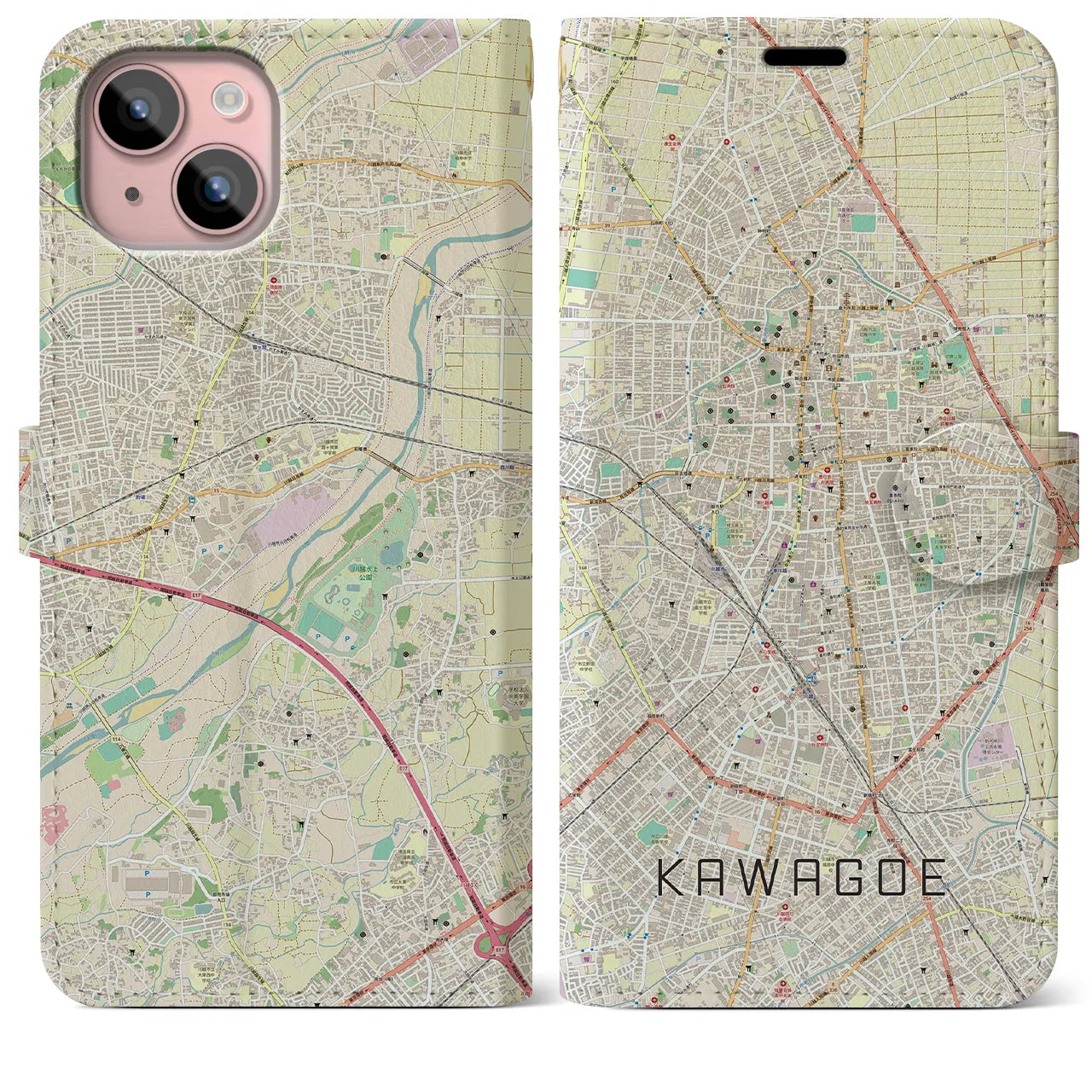 【川越(埼玉県)】地図柄iPhoneケース(手帳タイプ)ナチュラル・iPhone 15 Plus 用