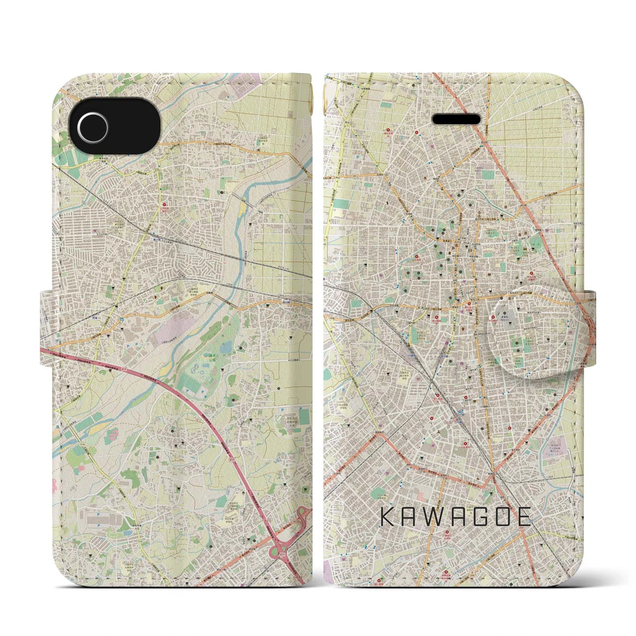 【川越(埼玉県)】地図柄iPhoneケース(手帳タイプ)ナチュラル・iPhone SE(第3 / 第2世代) / 8 / 7 / 6s / 6 用