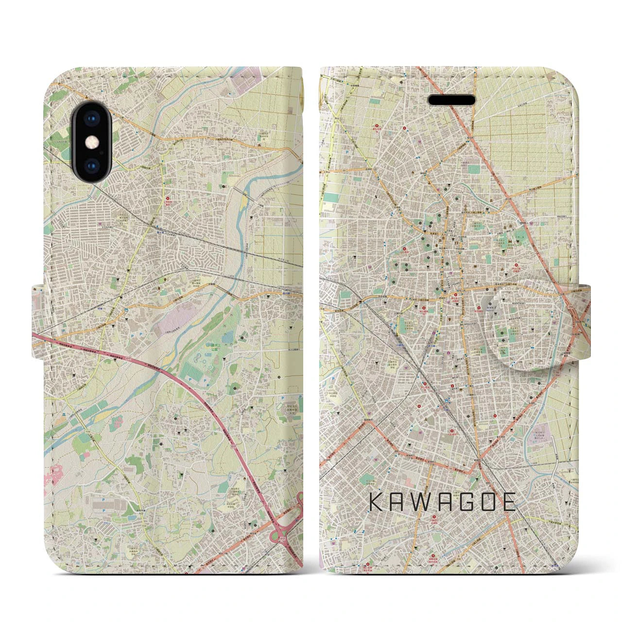 【川越(埼玉県)】地図柄iPhoneケース(手帳タイプ)ナチュラル・iPhone XS / X 用