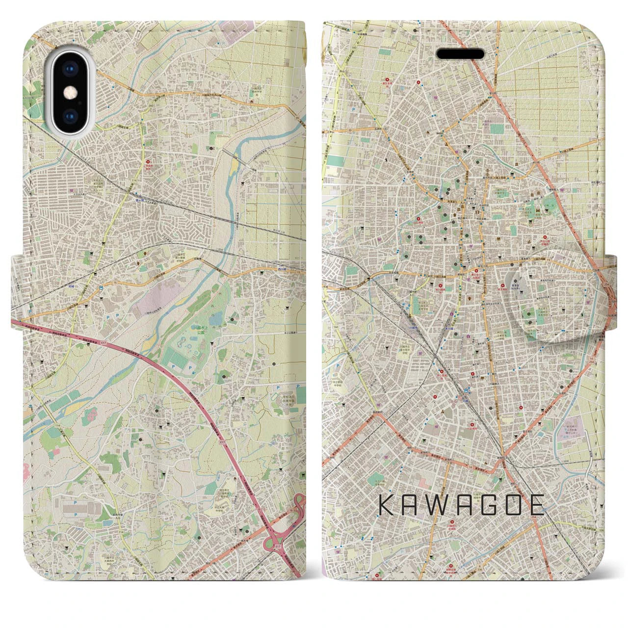 【川越(埼玉県)】地図柄iPhoneケース(手帳タイプ)ナチュラル・iPhone XS Max 用