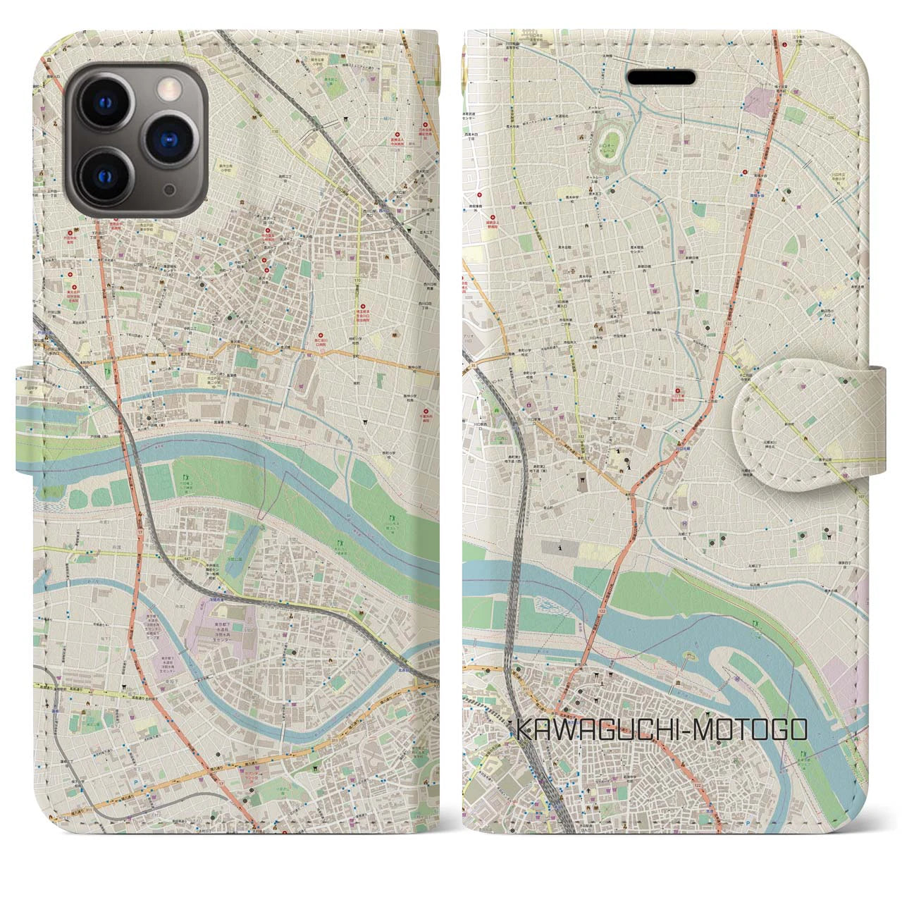 【川口元郷(埼玉県)】地図柄iPhoneケース(手帳タイプ)ナチュラル・iPhone 11 Pro Max 用