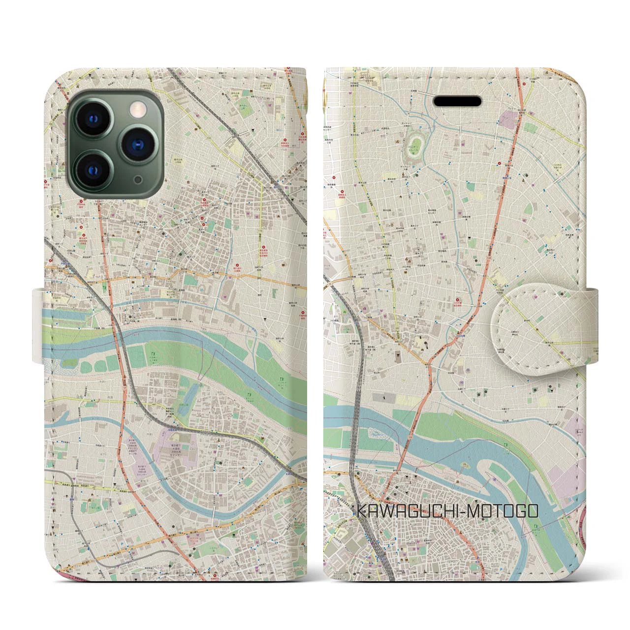 【川口元郷(埼玉県)】地図柄iPhoneケース(手帳タイプ)ナチュラル・iPhone 11 Pro 用