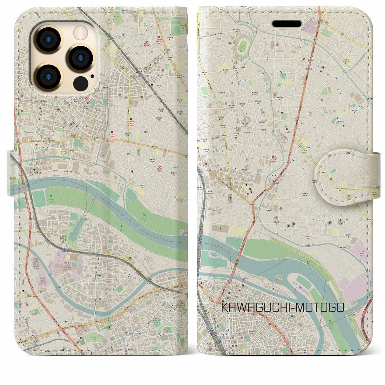 【川口元郷(埼玉県)】地図柄iPhoneケース(手帳タイプ)ナチュラル・iPhone 12 Pro Max 用