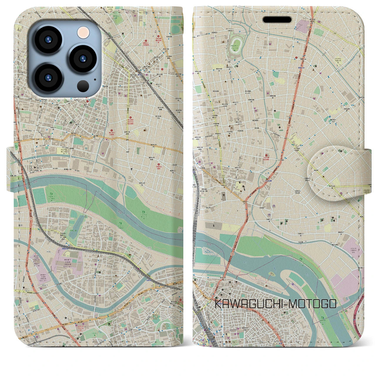 【川口元郷(埼玉県)】地図柄iPhoneケース(手帳タイプ)ナチュラル・iPhone 13 Pro Max 用