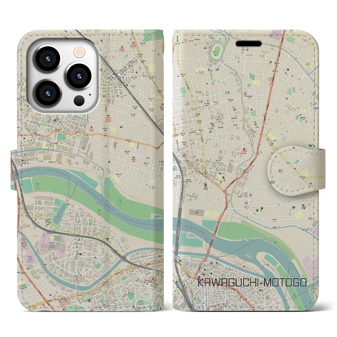 【川口元郷(埼玉県)】地図柄iPhoneケース(手帳タイプ)ナチュラル・iPhone 13 Pro 用