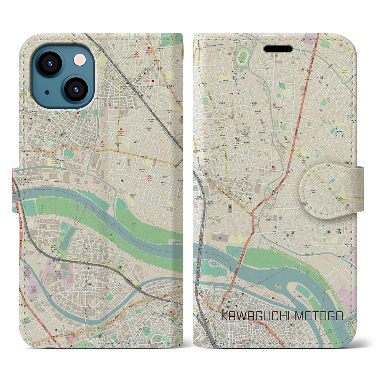 【川口元郷(埼玉県)】地図柄iPhoneケース(手帳タイプ)ナチュラル・iPhone 13 用
