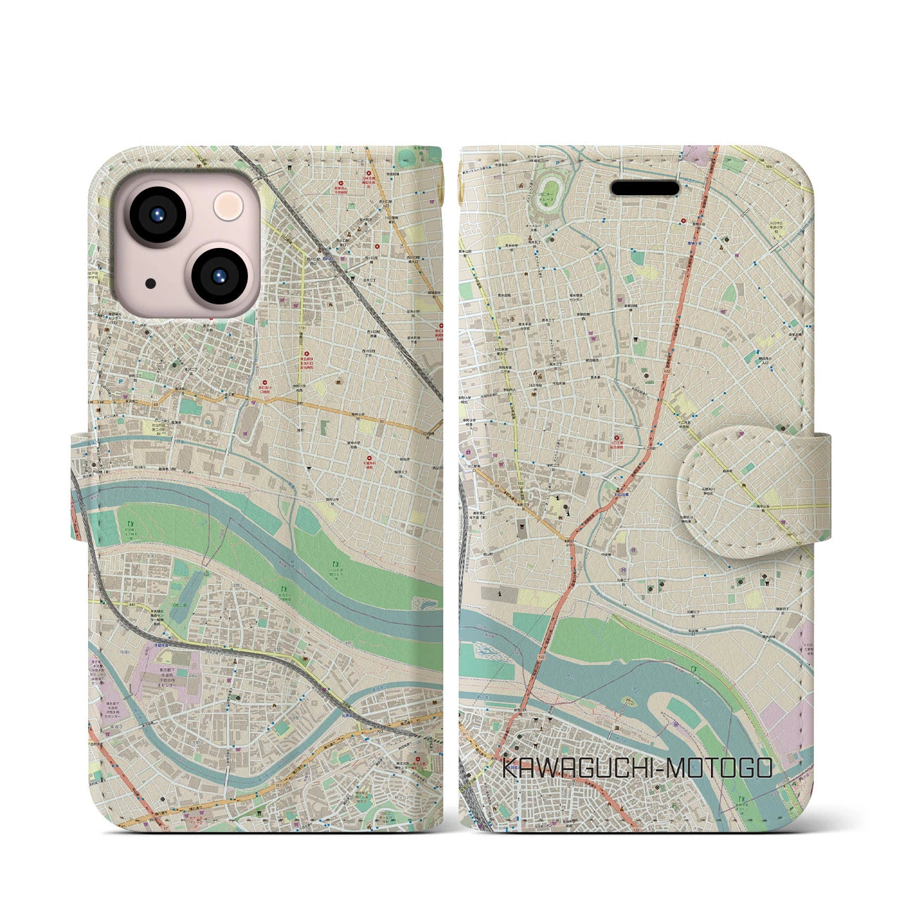 【川口元郷(埼玉県)】地図柄iPhoneケース(手帳タイプ)ナチュラル・iPhone 13 mini 用