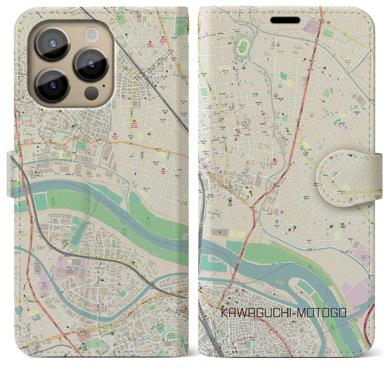 【川口元郷(埼玉県)】地図柄iPhoneケース(手帳タイプ)ナチュラル・iPhone 14 Pro Max 用