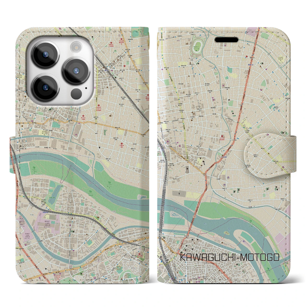 【川口元郷(埼玉県)】地図柄iPhoneケース(手帳タイプ)ナチュラル・iPhone 14 Pro 用