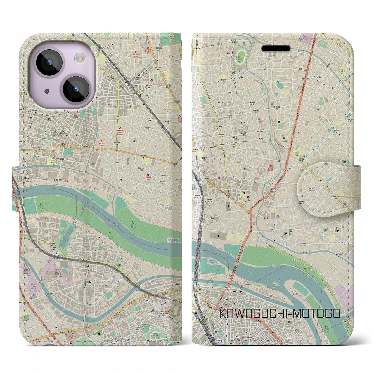 【川口元郷(埼玉県)】地図柄iPhoneケース(手帳タイプ)ナチュラル・iPhone 14 用
