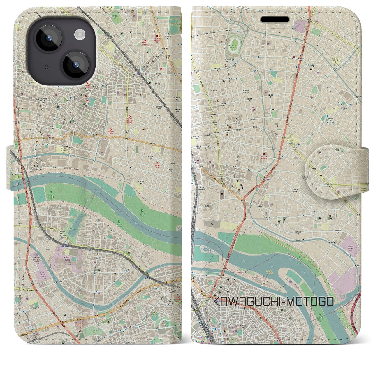 【川口元郷(埼玉県)】地図柄iPhoneケース(手帳タイプ)ナチュラル・iPhone 14 Plus 用
