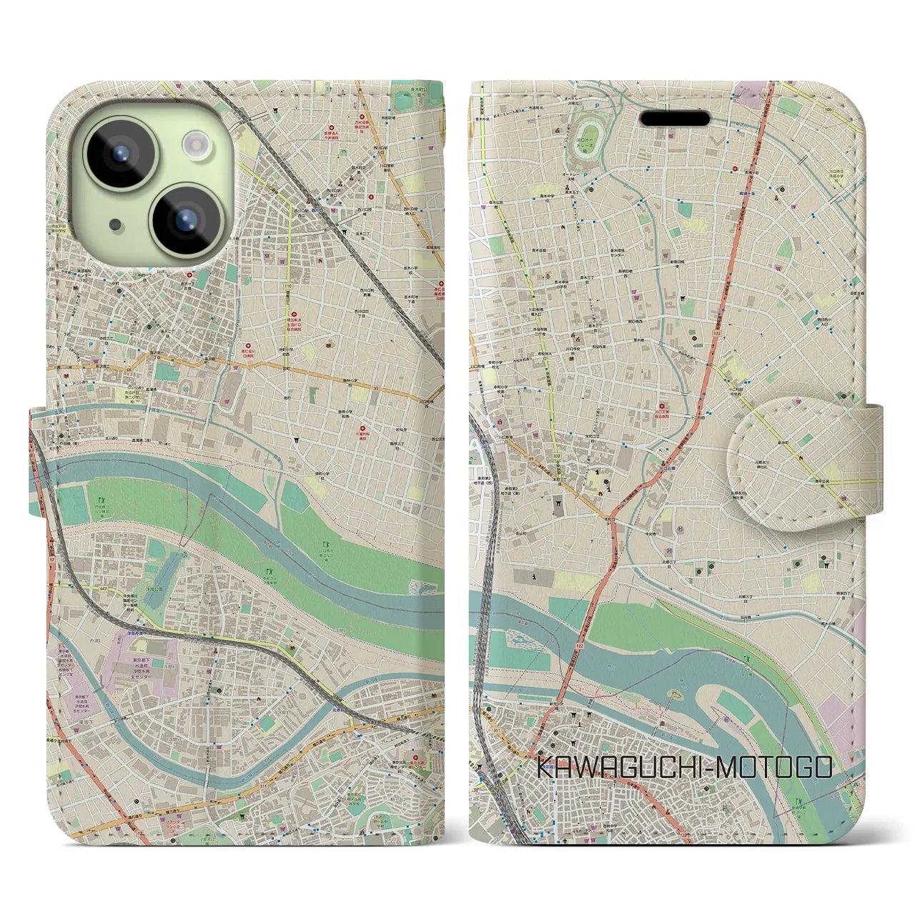 【川口元郷(埼玉県)】地図柄iPhoneケース(手帳タイプ)ナチュラル・iPhone 15 用