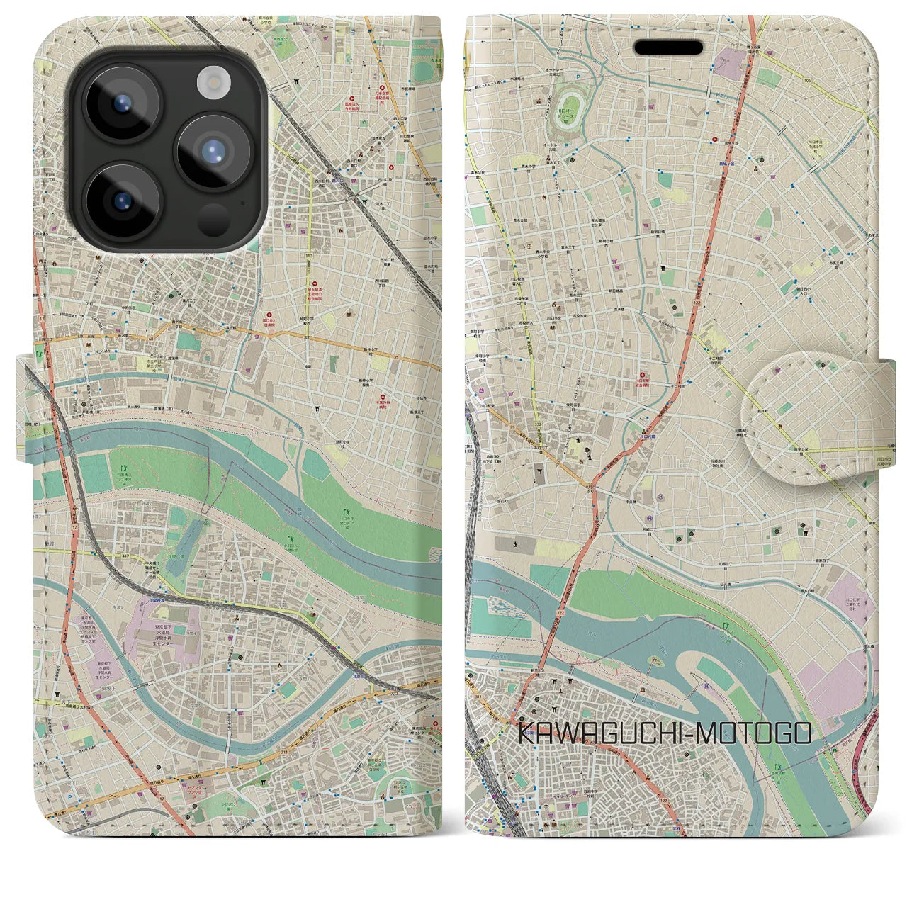 【川口元郷(埼玉県)】地図柄iPhoneケース(手帳タイプ)ナチュラル・iPhone 15 Pro Max 用
