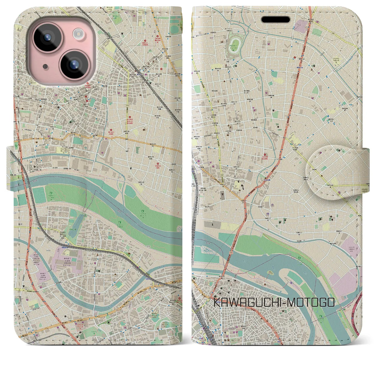 【川口元郷(埼玉県)】地図柄iPhoneケース(手帳タイプ)ナチュラル・iPhone 15 Plus 用