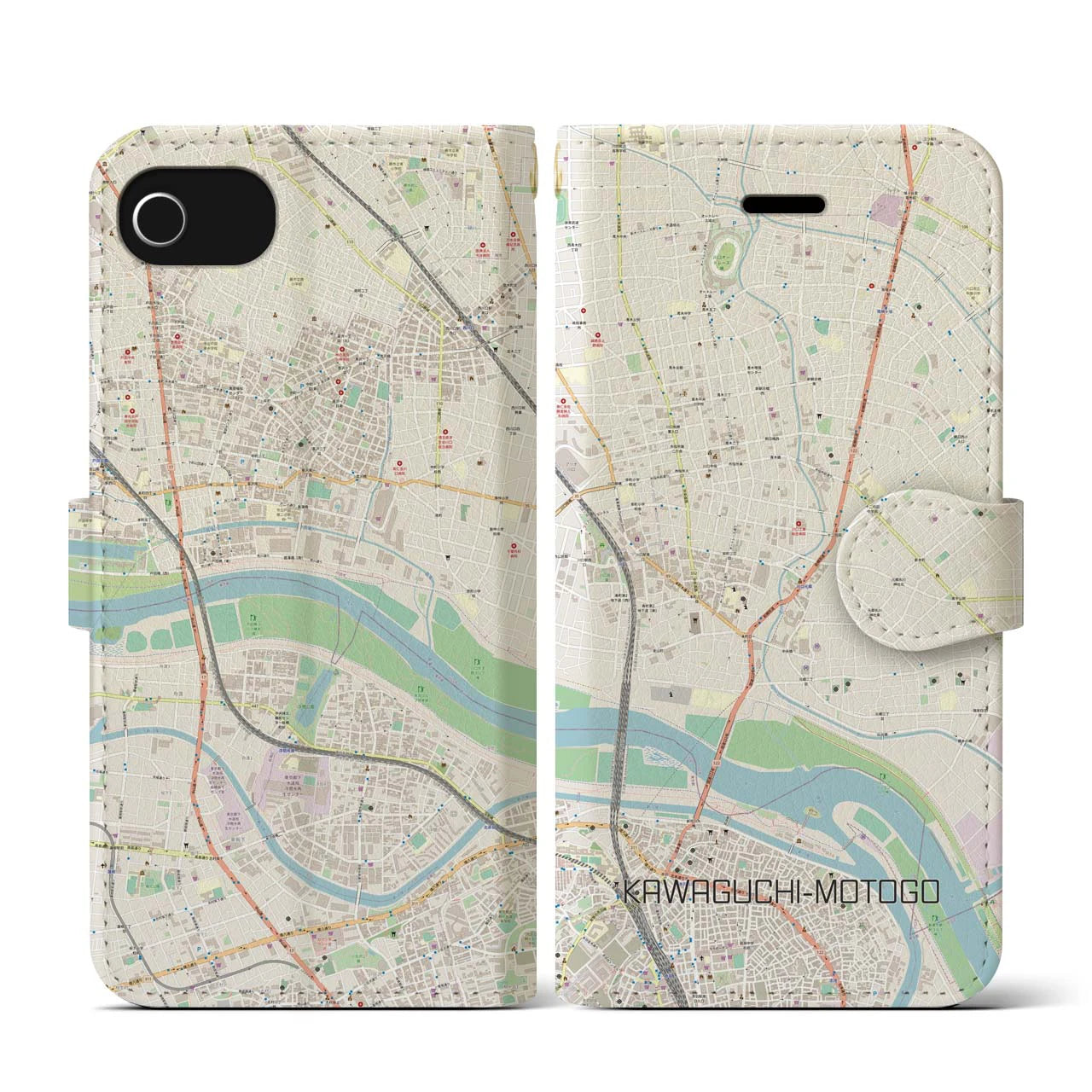 【川口元郷(埼玉県)】地図柄iPhoneケース(手帳タイプ)ナチュラル・iPhone SE(第3 / 第2世代) / 8 / 7 / 6s / 6 用