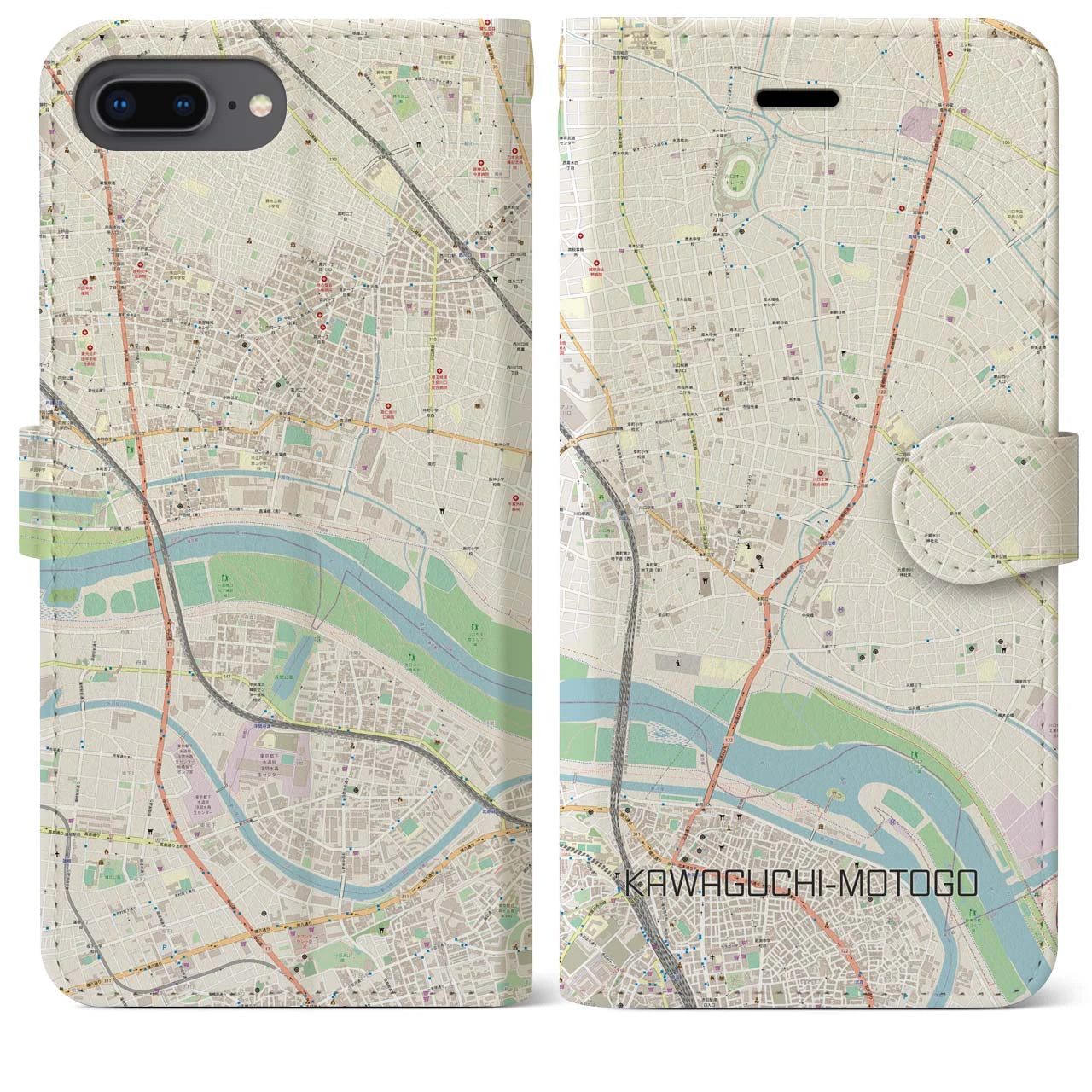 【川口元郷(埼玉県)】地図柄iPhoneケース(手帳タイプ)ナチュラル・iPhone 8Plus /7Plus / 6sPlus / 6Plus 用