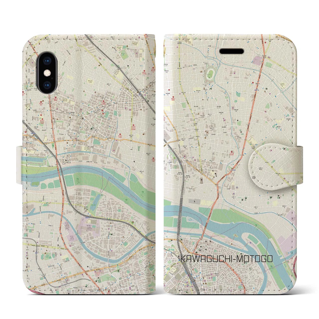 【川口元郷(埼玉県)】地図柄iPhoneケース(手帳タイプ)ナチュラル・iPhone XS / X 用