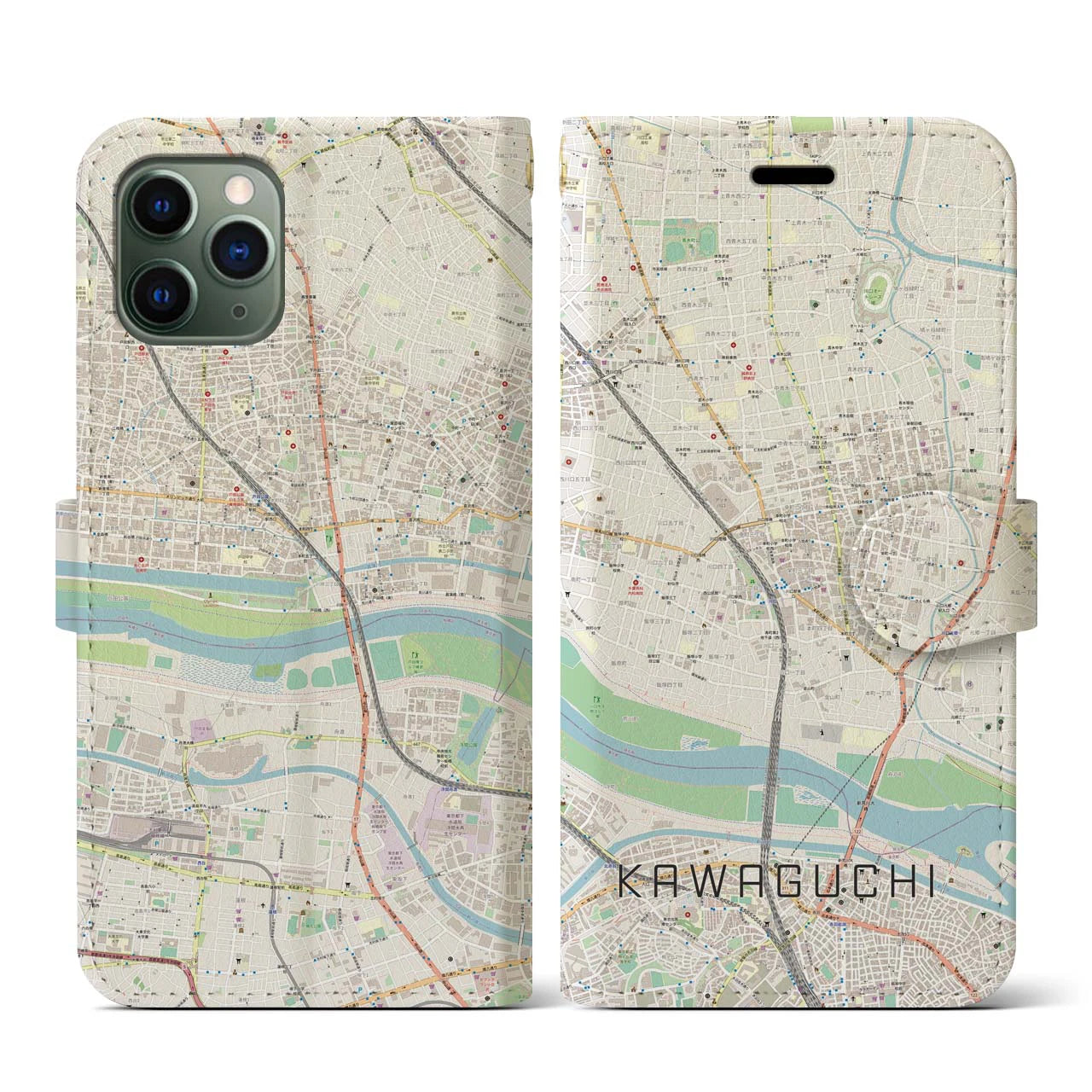 【川口(埼玉県)】地図柄iPhoneケース(手帳タイプ)ナチュラル・iPhone 11 Pro 用