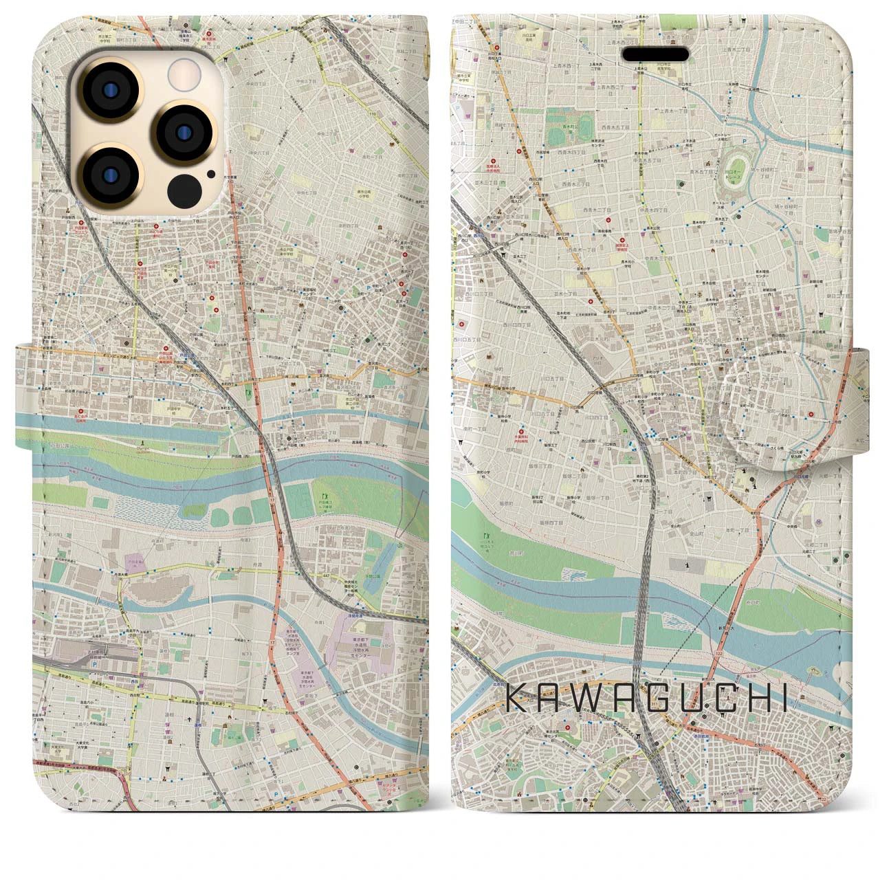 【川口(埼玉県)】地図柄iPhoneケース(手帳タイプ)ナチュラル・iPhone 12 Pro Max 用