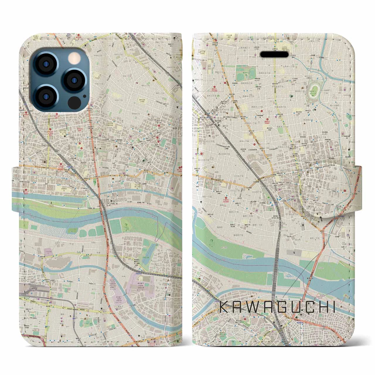 【川口(埼玉県)】地図柄iPhoneケース(手帳タイプ)ナチュラル・iPhone 12 / 12 Pro 用