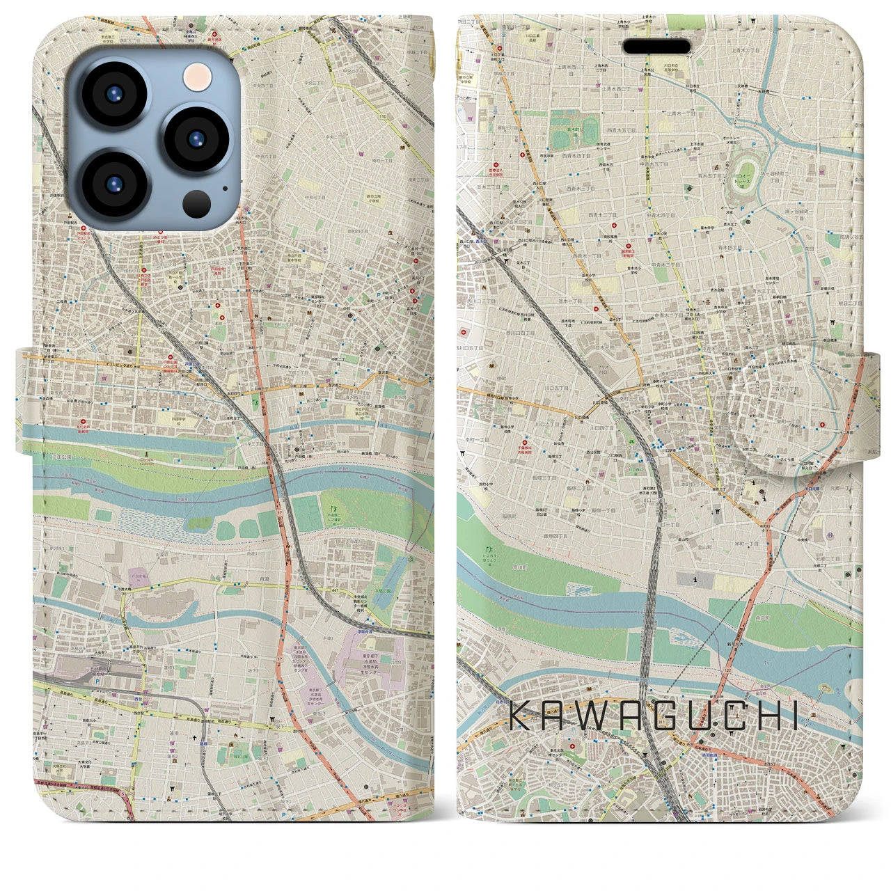 【川口(埼玉県)】地図柄iPhoneケース(手帳タイプ)ナチュラル・iPhone 13 Pro Max 用