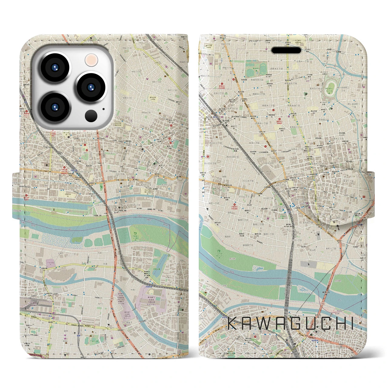 【川口(埼玉県)】地図柄iPhoneケース(手帳タイプ)ナチュラル・iPhone 13 Pro 用