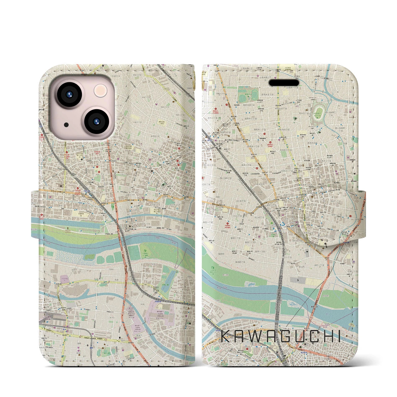 【川口(埼玉県)】地図柄iPhoneケース(手帳タイプ)ナチュラル・iPhone 13 mini 用