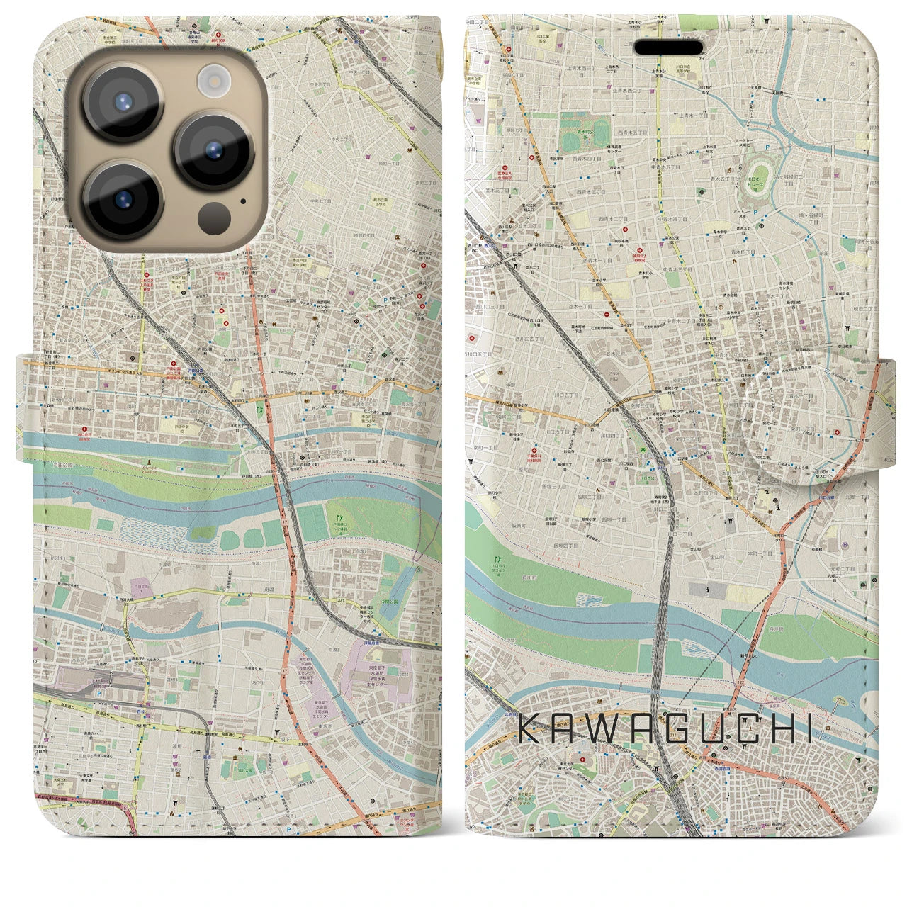 【川口(埼玉県)】地図柄iPhoneケース(手帳タイプ)ナチュラル・iPhone 14 Pro Max 用