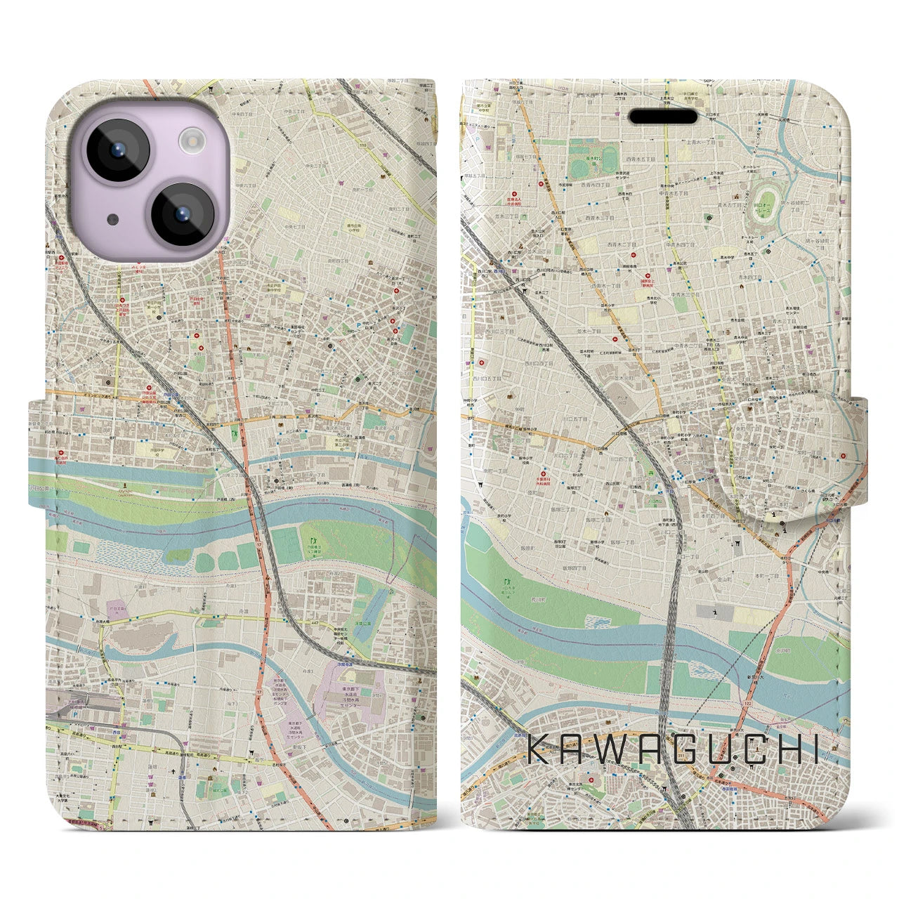 【川口(埼玉県)】地図柄iPhoneケース(手帳タイプ)ナチュラル・iPhone 14 用