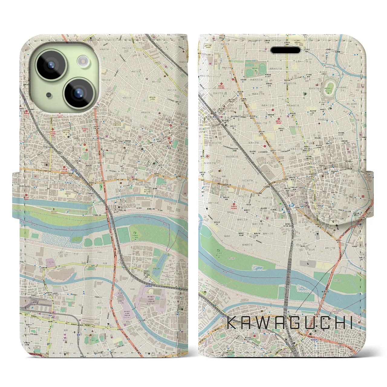 【川口(埼玉県)】地図柄iPhoneケース(手帳タイプ)ナチュラル・iPhone 15 用