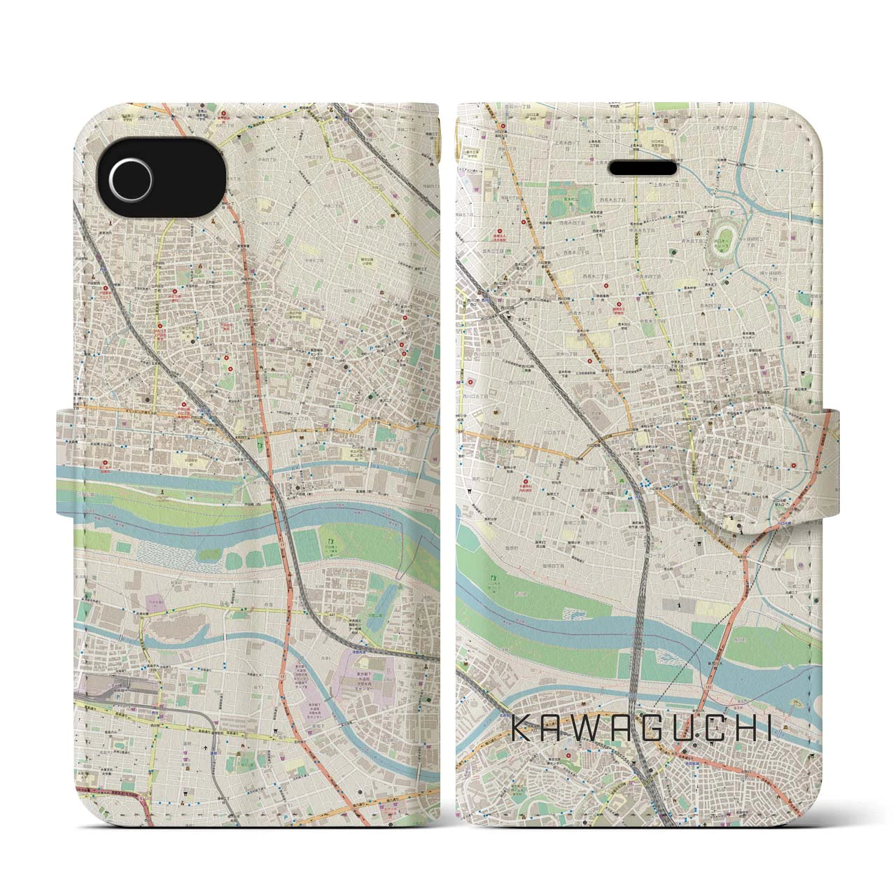 【川口(埼玉県)】地図柄iPhoneケース(手帳タイプ)ナチュラル・iPhone SE(第3 / 第2世代) / 8 / 7 / 6s / 6 用