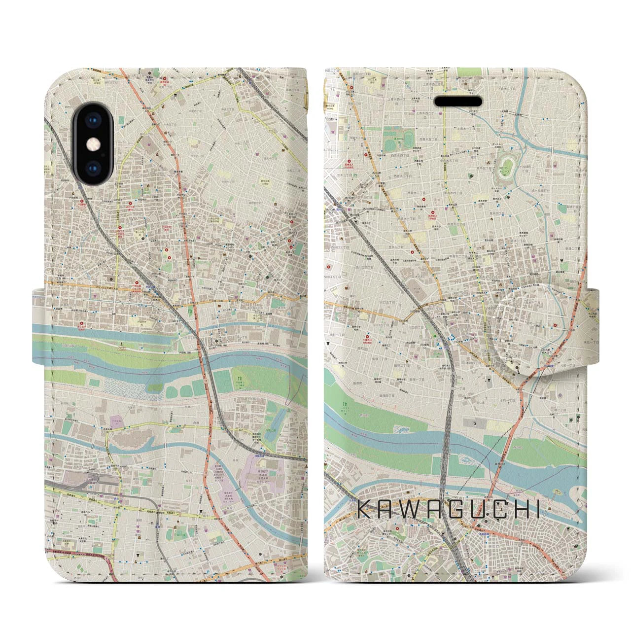 【川口(埼玉県)】地図柄iPhoneケース(手帳タイプ)ナチュラル・iPhone XS / X 用