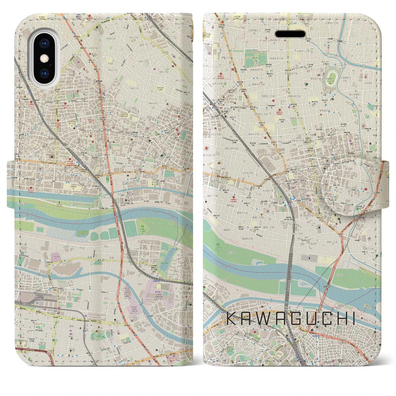 【川口(埼玉県)】地図柄iPhoneケース(手帳タイプ)ナチュラル・iPhone XS Max 用