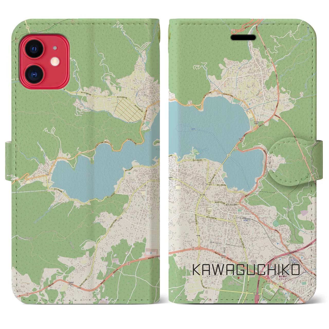 【河口湖(山梨県)】地図柄iPhoneケース(手帳タイプ)ナチュラル・iPhone 11 用