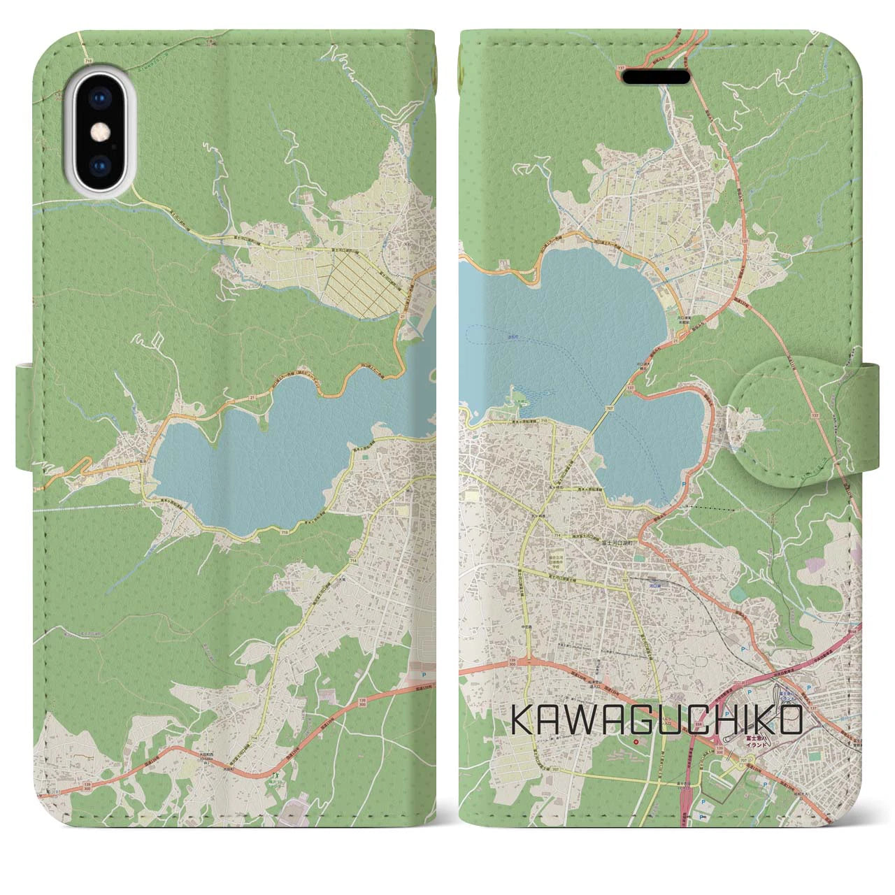 【河口湖(山梨県)】地図柄iPhoneケース(手帳タイプ)ナチュラル・iPhone XS Max 用
