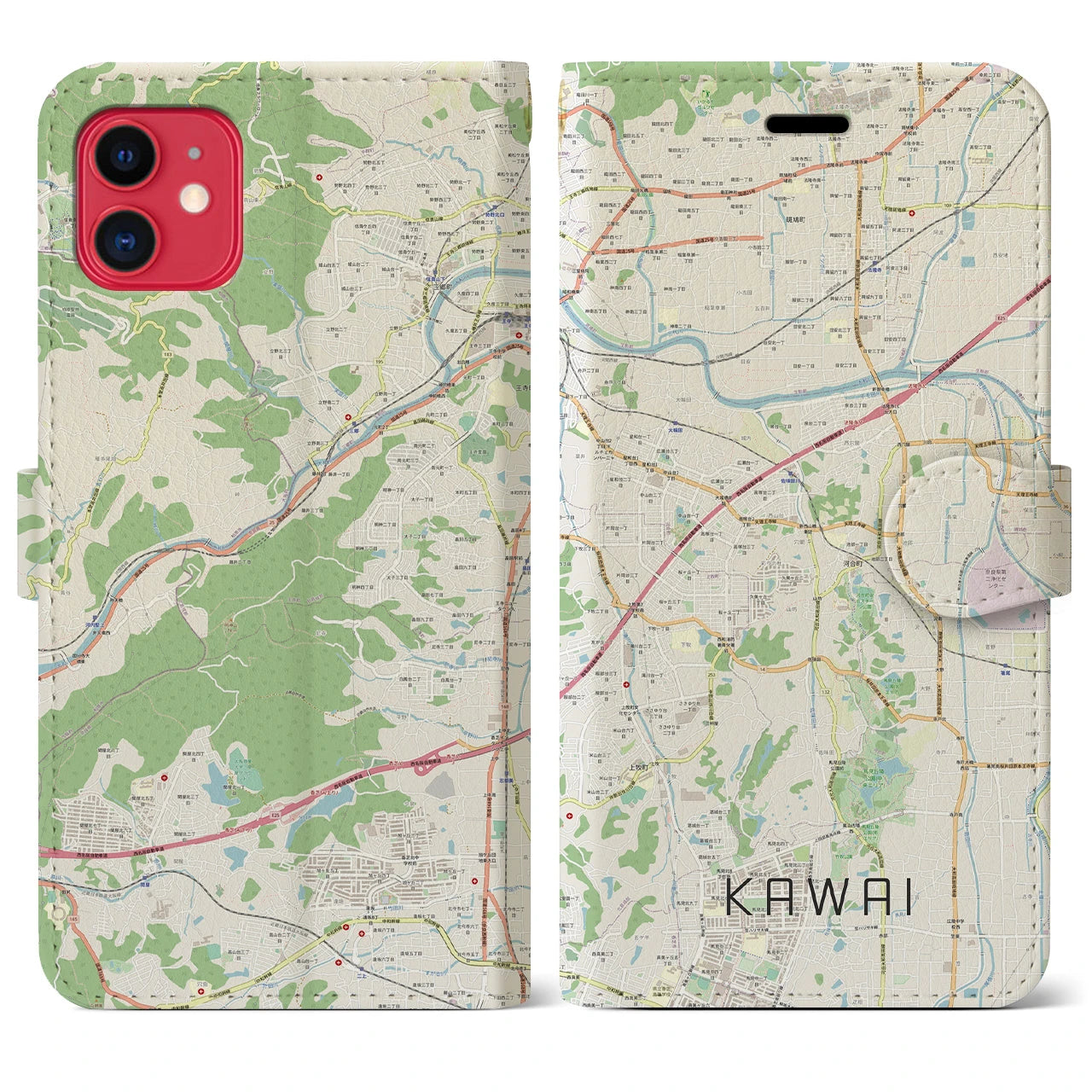 【河合(奈良県)】地図柄iPhoneケース(手帳タイプ)ナチュラル・iPhone 11 用