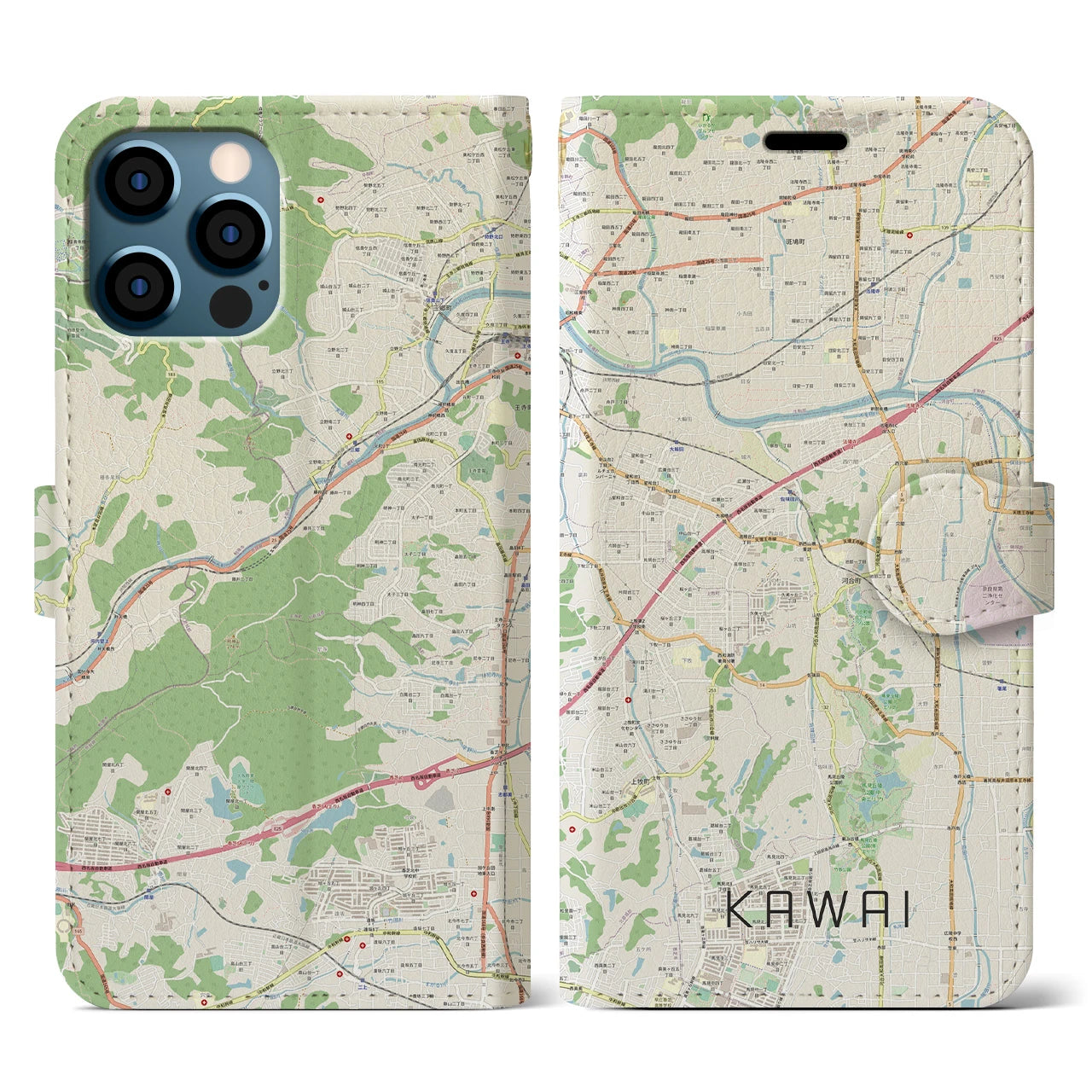 【河合(奈良県)】地図柄iPhoneケース(手帳タイプ)ナチュラル・iPhone 12 / 12 Pro 用