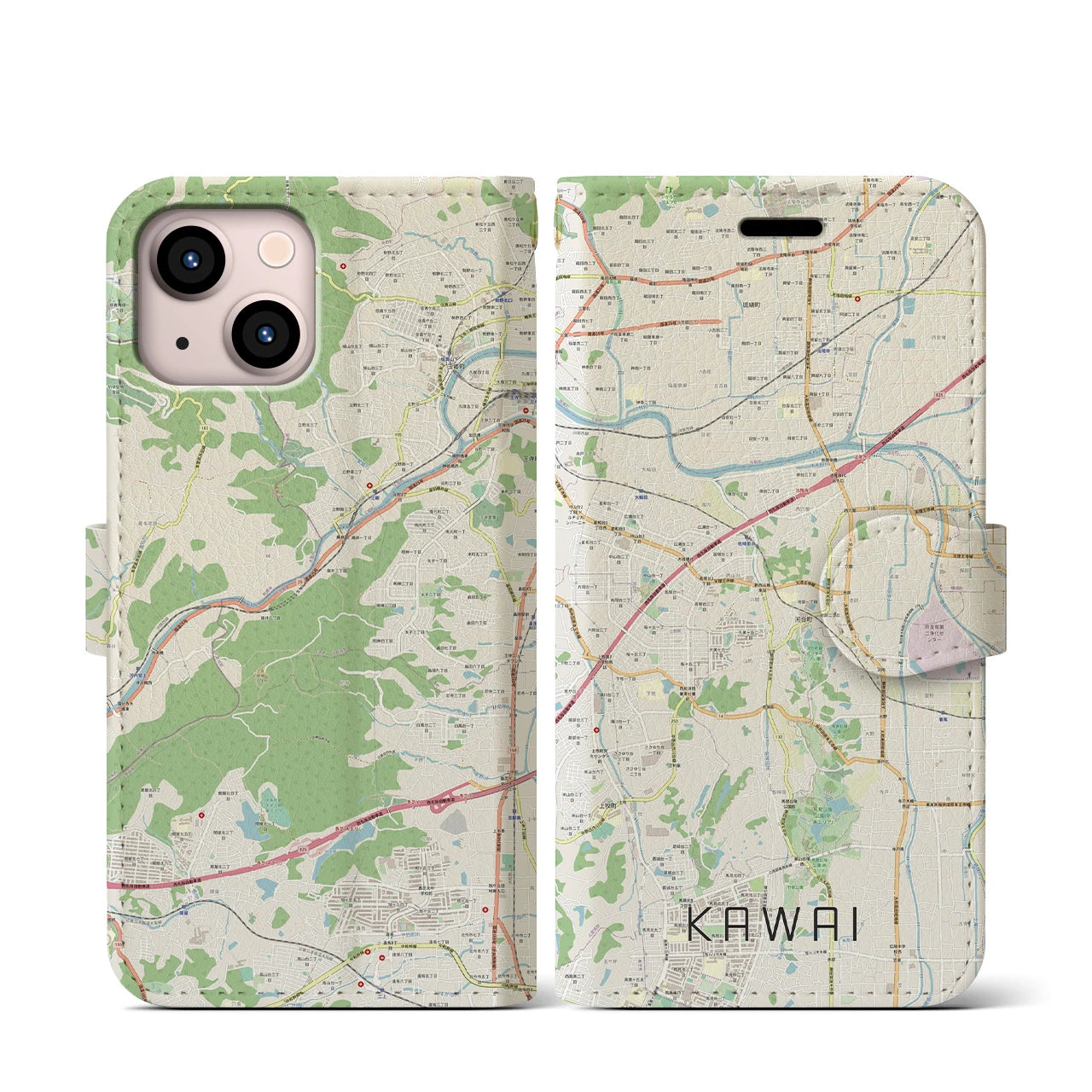 【河合(奈良県)】地図柄iPhoneケース(手帳タイプ)ナチュラル・iPhone 13 mini 用