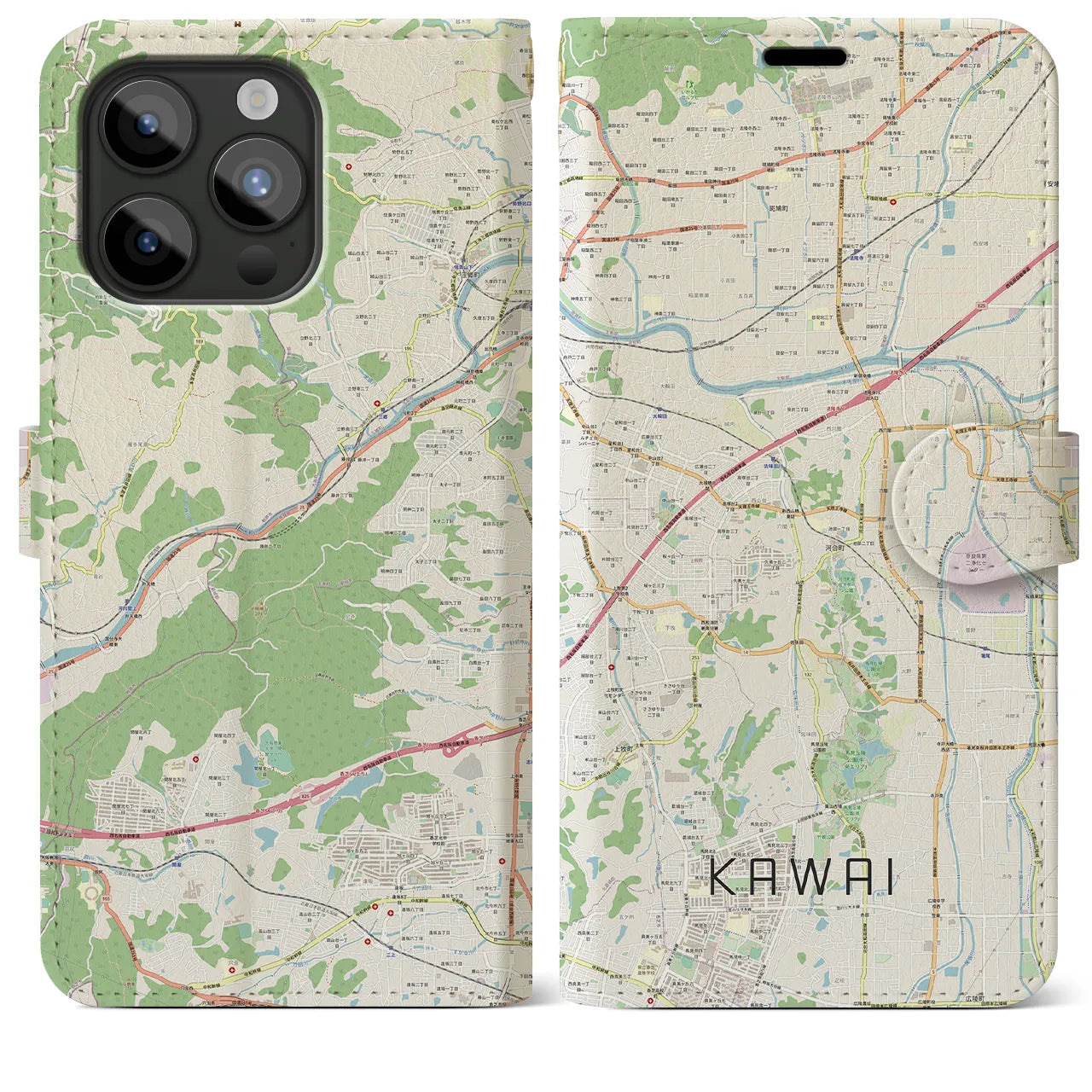 【河合(奈良県)】地図柄iPhoneケース(手帳タイプ)ナチュラル・iPhone 15 Pro Max 用