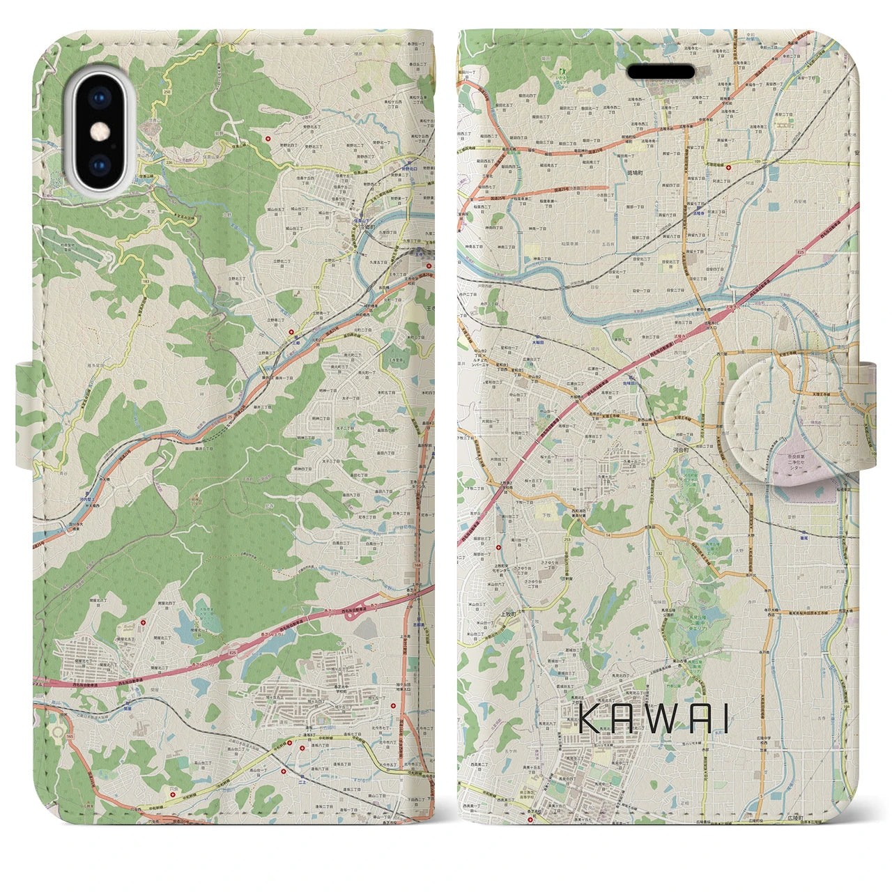 【河合(奈良県)】地図柄iPhoneケース(手帳タイプ)ナチュラル・iPhone XS Max 用