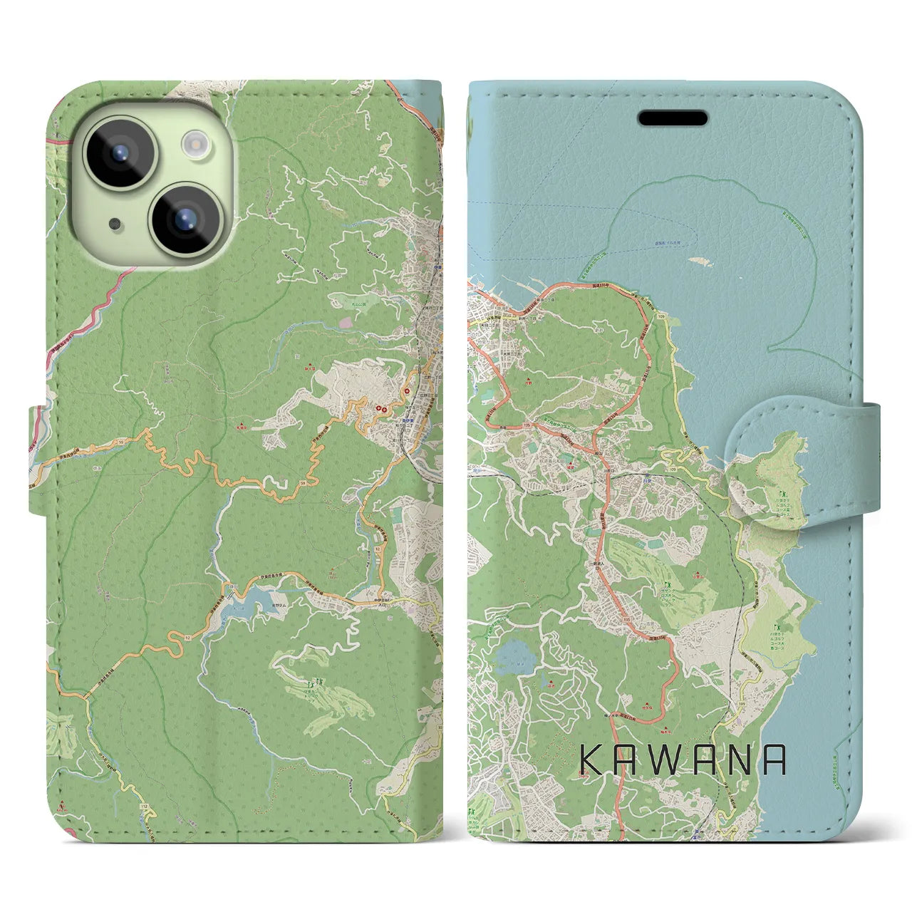 【川奈(静岡県)】地図柄iPhoneケース(手帳タイプ)ナチュラル・iPhone 15 用