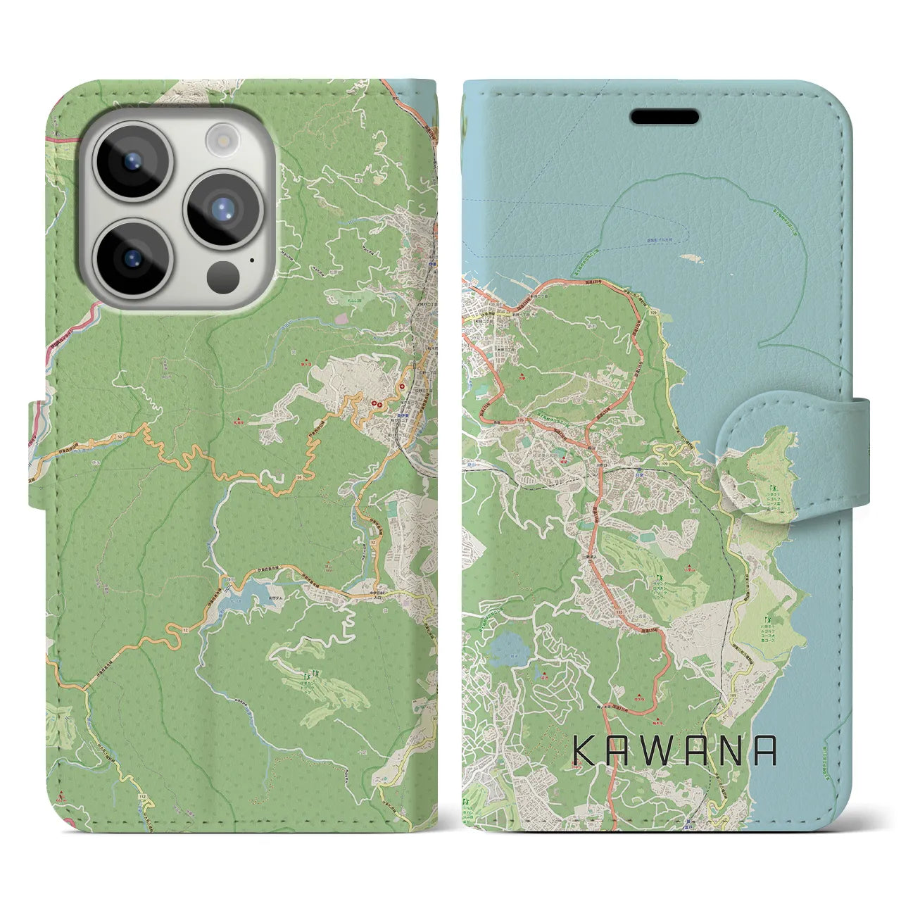 【川奈(静岡県)】地図柄iPhoneケース(手帳タイプ)ナチュラル・iPhone 15 Pro 用