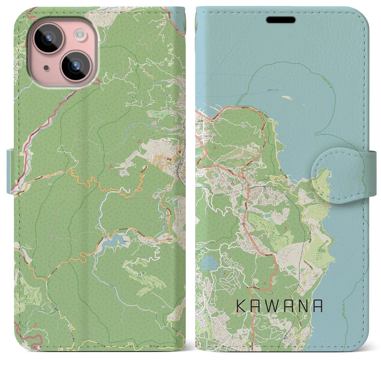【川奈(静岡県)】地図柄iPhoneケース(手帳タイプ)ナチュラル・iPhone 15 Plus 用