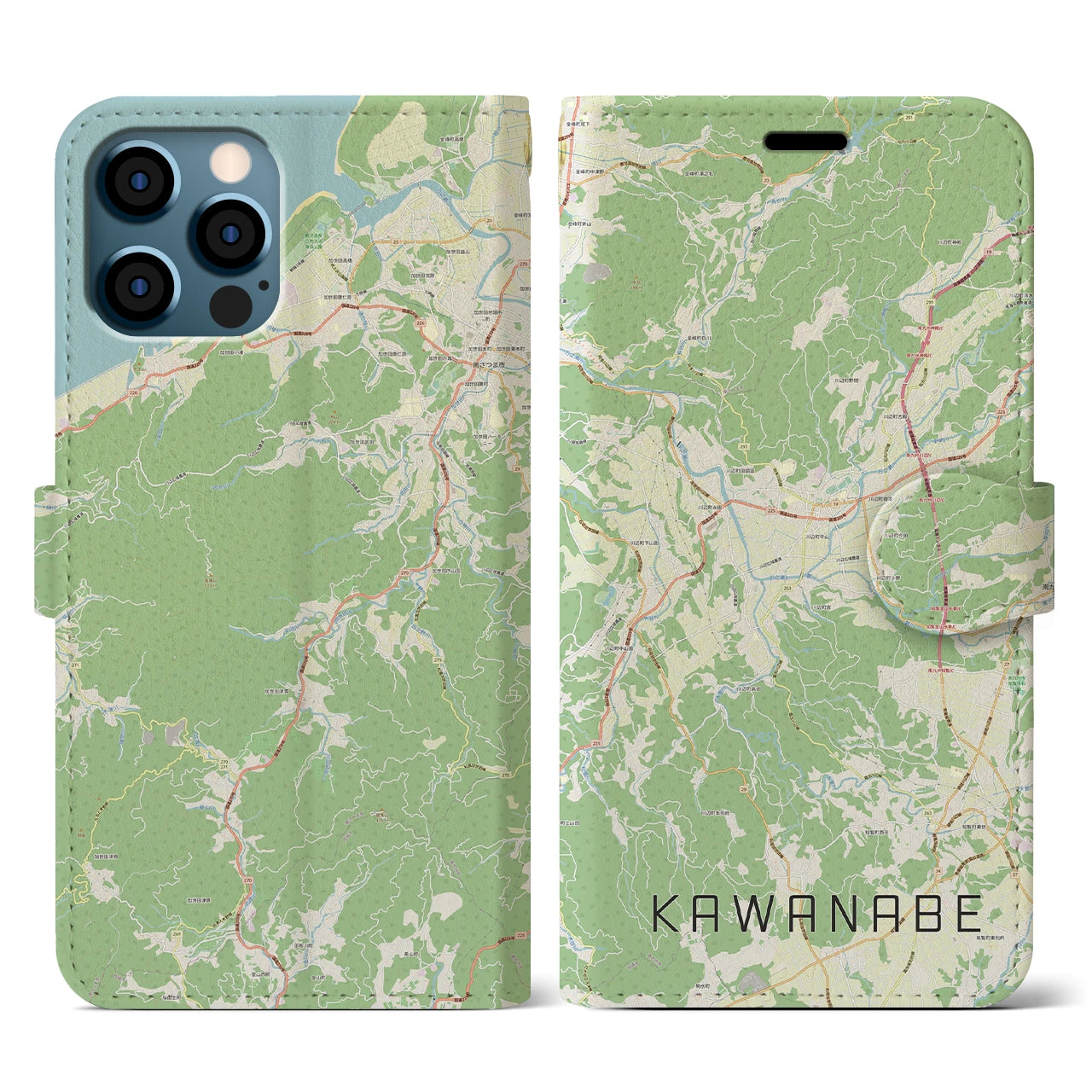 【川辺(鹿児島県)】地図柄iPhoneケース(手帳タイプ)ナチュラル・iPhone 12 / 12 Pro 用
