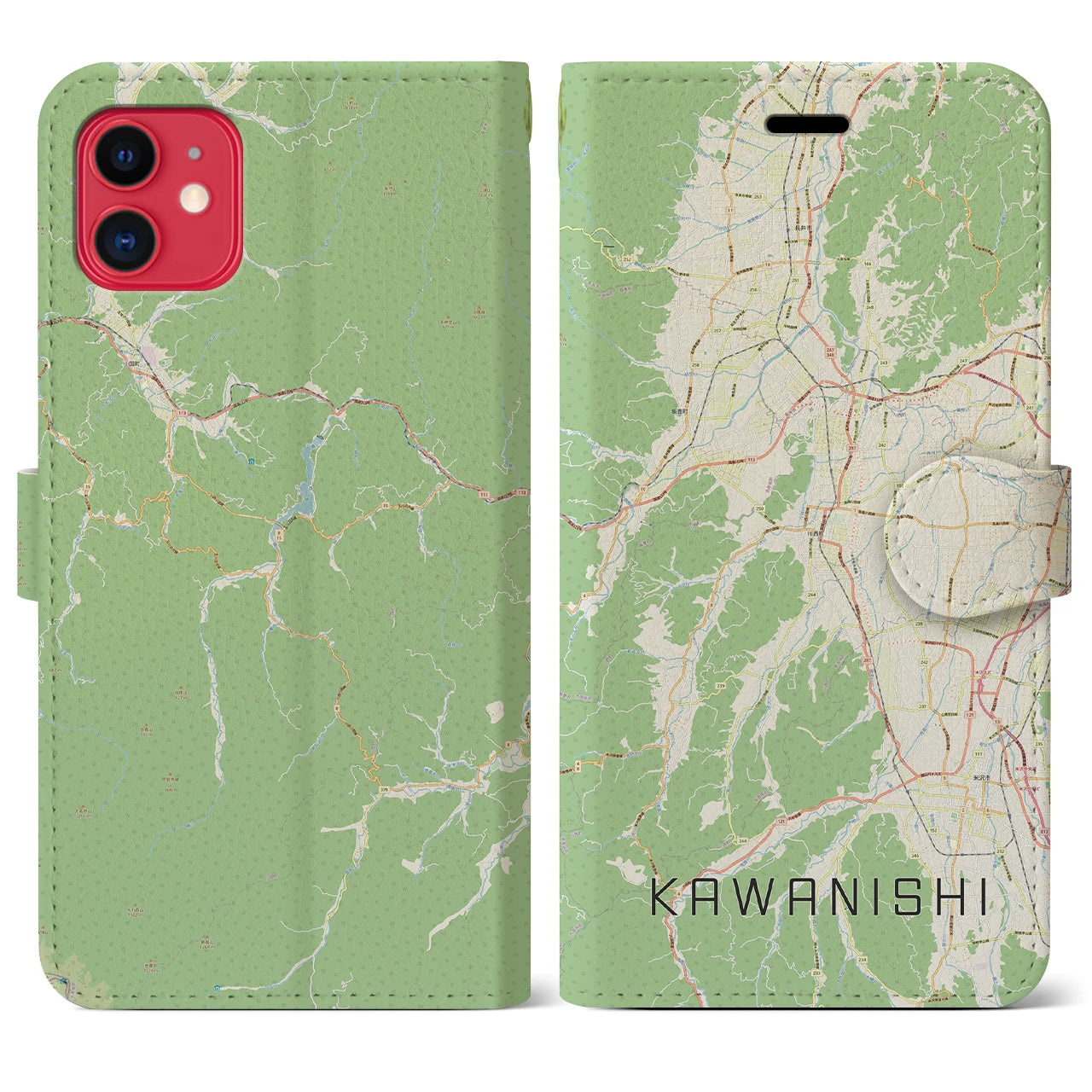 【川西(山形県)】地図柄iPhoneケース(手帳タイプ)ナチュラル・iPhone 11 用