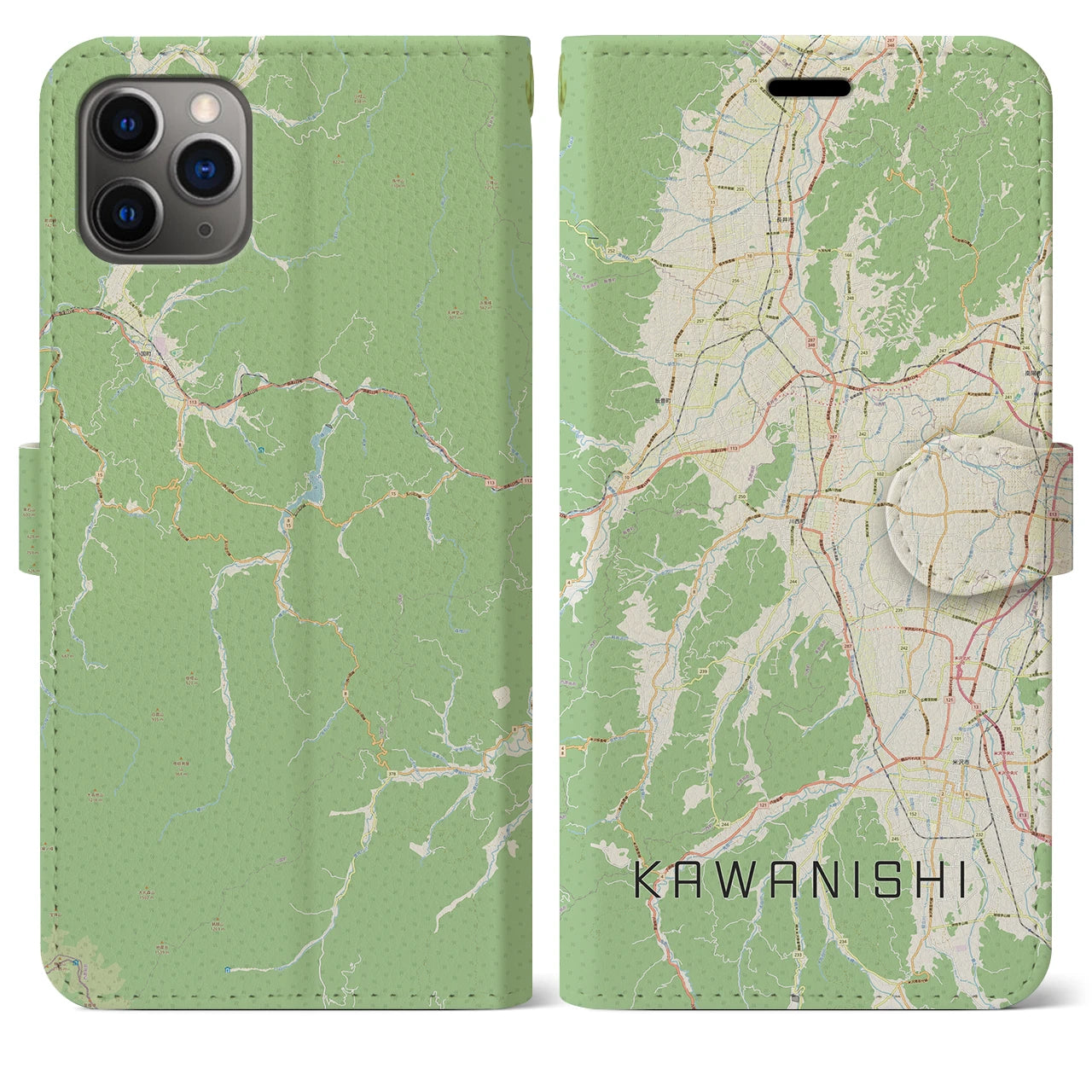【川西(山形県)】地図柄iPhoneケース(手帳タイプ)ナチュラル・iPhone 11 Pro Max 用